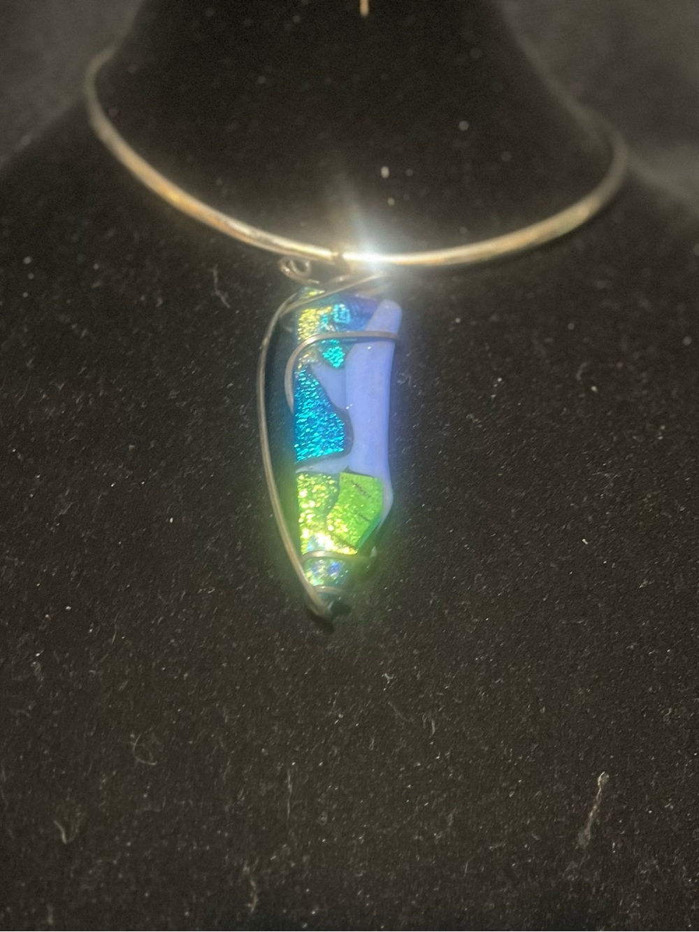 Handcrafted Dichroic Glass Pendant Necklace in Blue & Green and turquoise